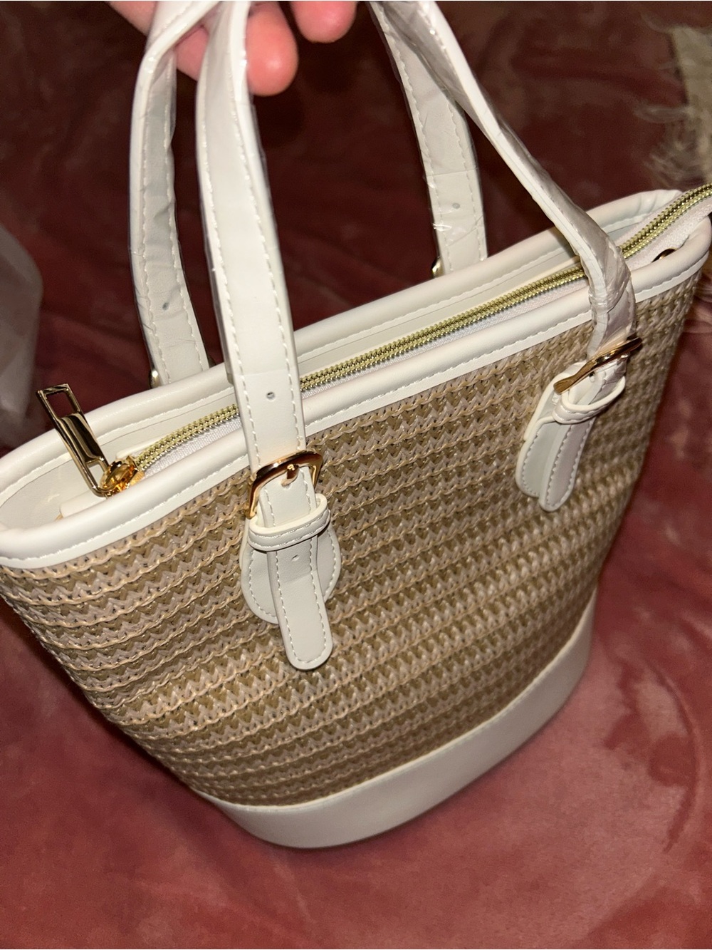 White & Natural Woven Tote Bag - Stylish Summer Handbag